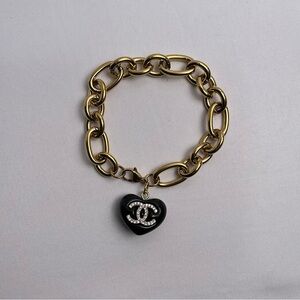CHANEL Gold Bracelet with Black Fat Heart Pendant